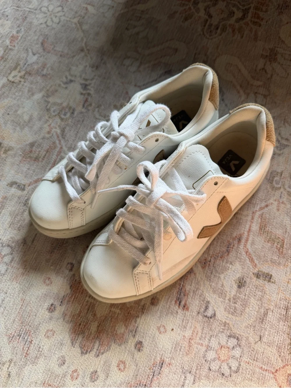 Veja Women Leather Sneakers in White with Tan Accents